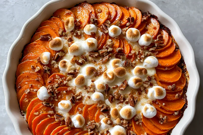 A vibrant display of fresh sweet potatoes, cream, cheese, and spices arranged for Layered Sweet Potato Bake.