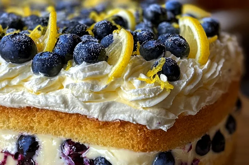 Ingredients for lemon blueberry cake including fresh lemons, blueberries, flour, eggs, butter, and cream cheese arranged on a white marble countertop