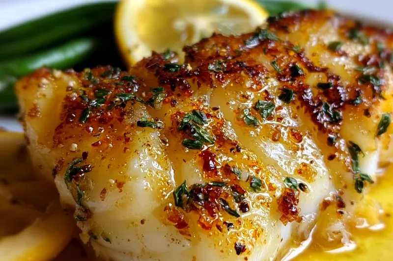 Golden-brown baked cod fillets in a glass baking dish with bubbling lemon butter sauce and caramelized lemon slices