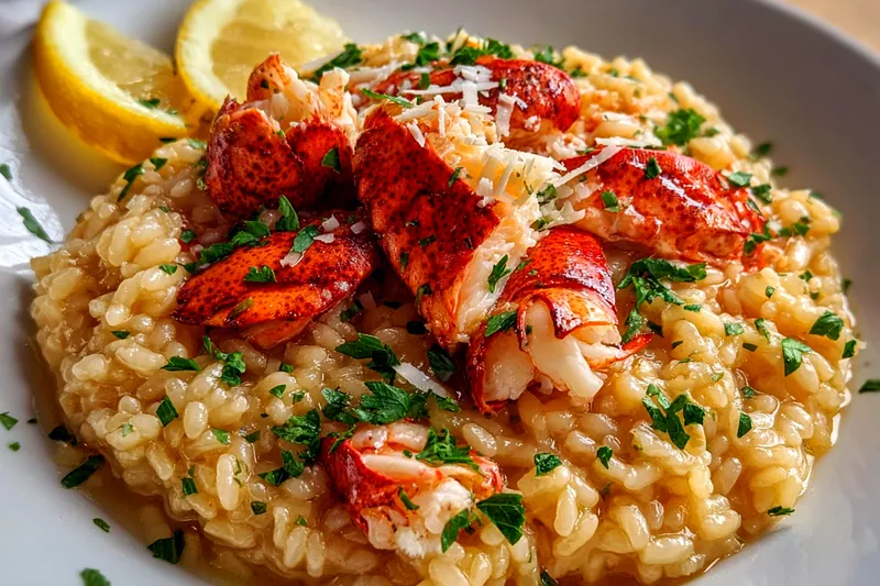 Premium ingredients for lobster risotto including live lobsters, arborio rice, fresh lemons, herbs, Parmesan, and white wine arranged elegantly