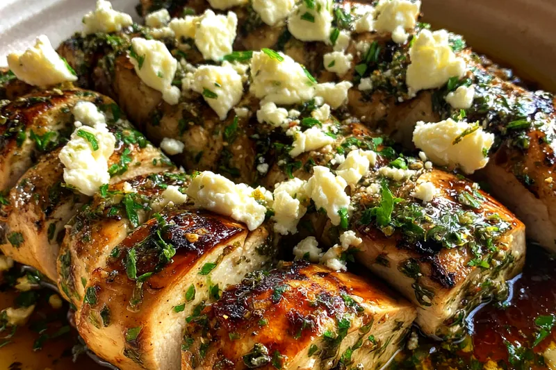 Skillet with Lemon Herb Feta Chicken Skillet simmering on the stove