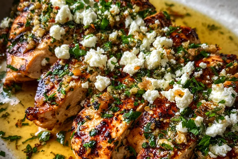Fresh ingredients for Lemon Herb Feta Chicken Skillet with Golden Seared Breast laid out on a cutting board
