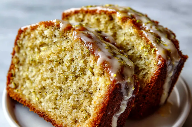 Overhead view of recipe ingredients arranged on a marble countertop: softened butter, fresh lemons with zest, bright green ground pistachios in a small bowl, eggs, sugar, flour, and milk in clear measuring vessels