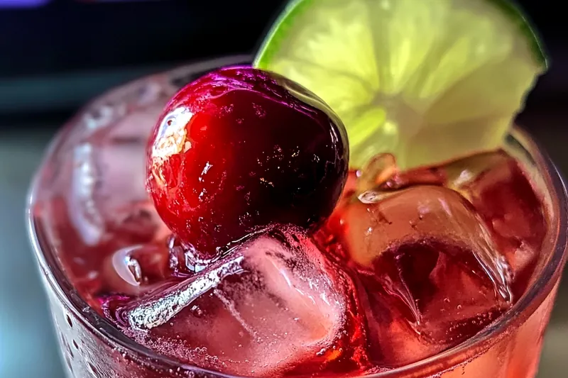 Step-by-step photos showing the layering process of the Lick 'Er Right cocktail with distinct pink and blue layers forming