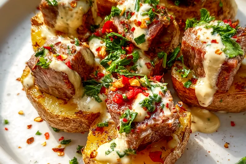 Steak bites searing in a cast iron skillet with golden-brown crust, topped with melting cheddar cheese and bacon crumbles