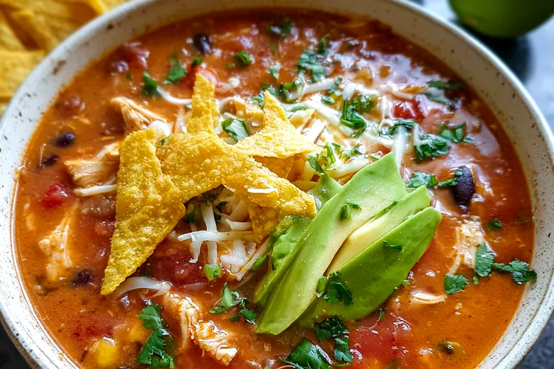 Large pot of bubbling chicken tortilla soup on the stove with colorful vegetables visible, wooden spoon stirring the rich broth