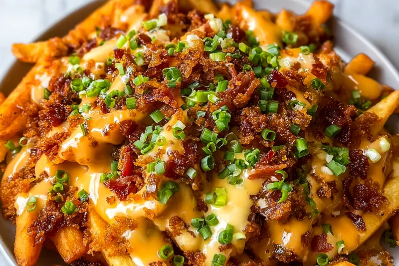 Voodoo fries being assembled with golden fries topped with rich brown gravy, melted cheese, and colorful garnishes in a cast iron skillet