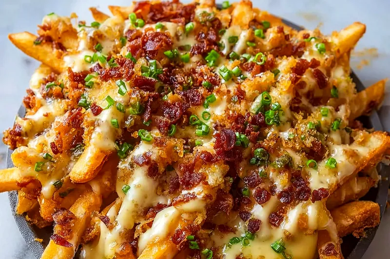 Ingredients for voodoo fries including russet potatoes, andouille sausage, Cajun spices, cheese, and Louisiana hot sauce arranged on a wooden cutting board