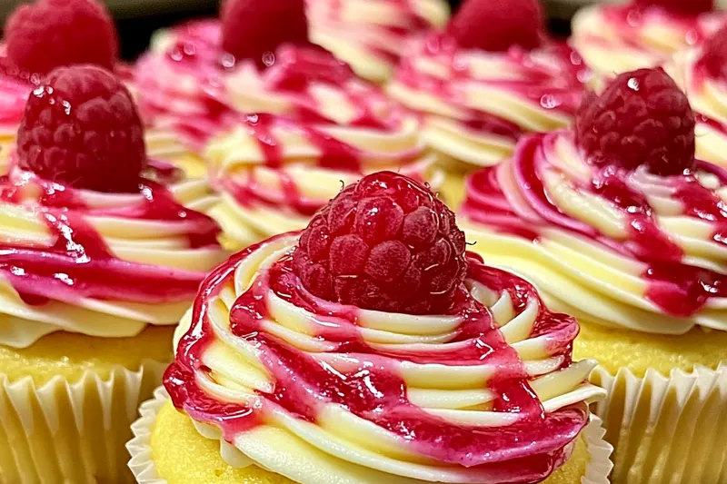 Fresh baking ingredients including lemons, raspberries, flour, eggs, butter, and cream cheese arranged on a marble pastry board