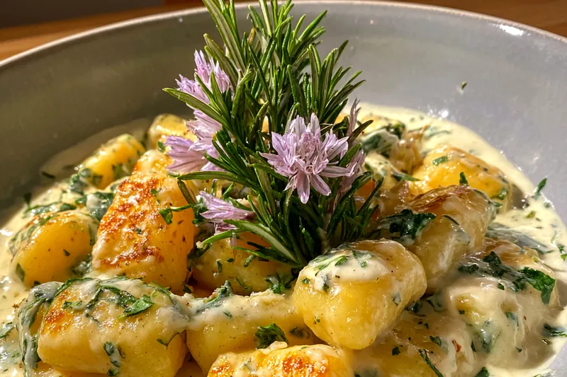 The process of cooking Luxurious Creamy Gnocchi in a skillet, showcasing the creamy sauce melding with the gnocchi.
