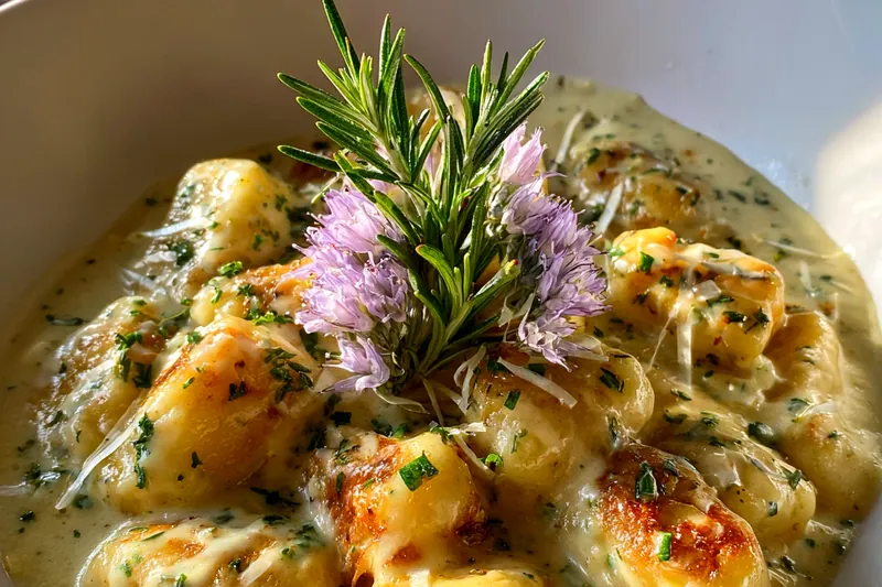 An array of fresh ingredients including gnocchi, cheese, and vegetables arranged for Luxurious Creamy Gnocchi preparation.