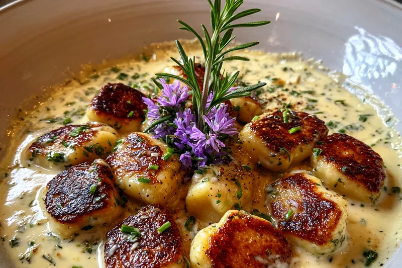 The cooking process of Luxury Creamy Gnocchi, showcasing the gnocchi boiling in water and the sauce simmering.
