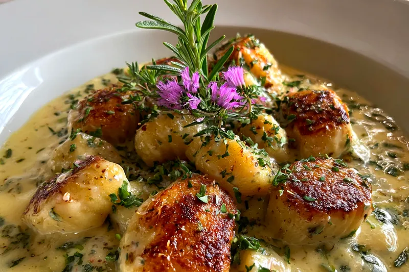 A beautifully arranged setup of ingredients for Luxury Creamy Gnocchi including flour, ricotta, and fresh herbs.