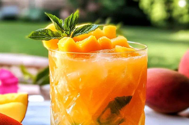 Hands swizzling mango rum cocktail with cinnamon stick in tall glass filled with crushed ice, showing proper technique