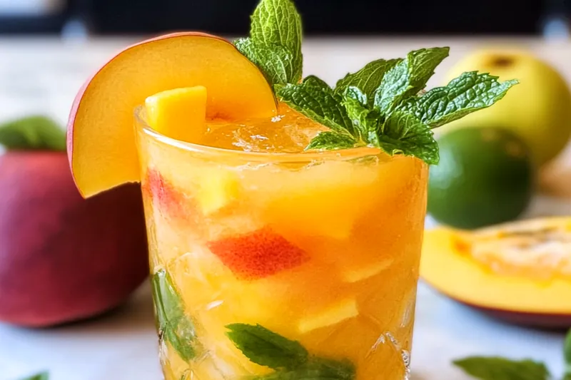 Fresh ingredients for mango rum swizzle including ripe mango, golden rum bottle, limes, spices, and cocktail garnishes on tropical background