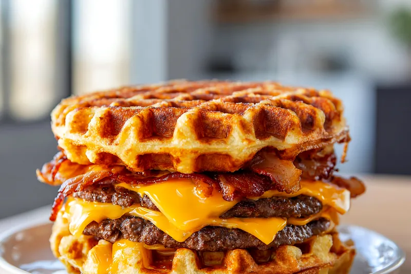 Close-up of sizzling burger patties in cast iron skillet with melted cheddar cheese on top, with crispy bacon strips and golden waffles visible in background