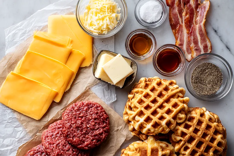 Overhead view of maple bacon waffle burger ingredients arranged on marble countertop including raw beef patties, bacon strips, stacked waffles, cheese slices, and small bowls of maple syrup and seasonings