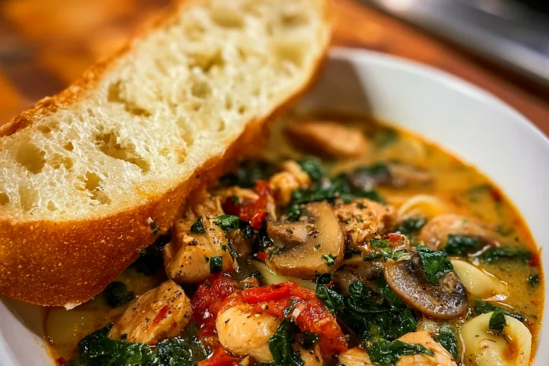 Creamy Tuscan soup simmering in a Dutch oven with golden chicken pieces, vibrant spinach, and sun-dried tomatoes in rich cream broth