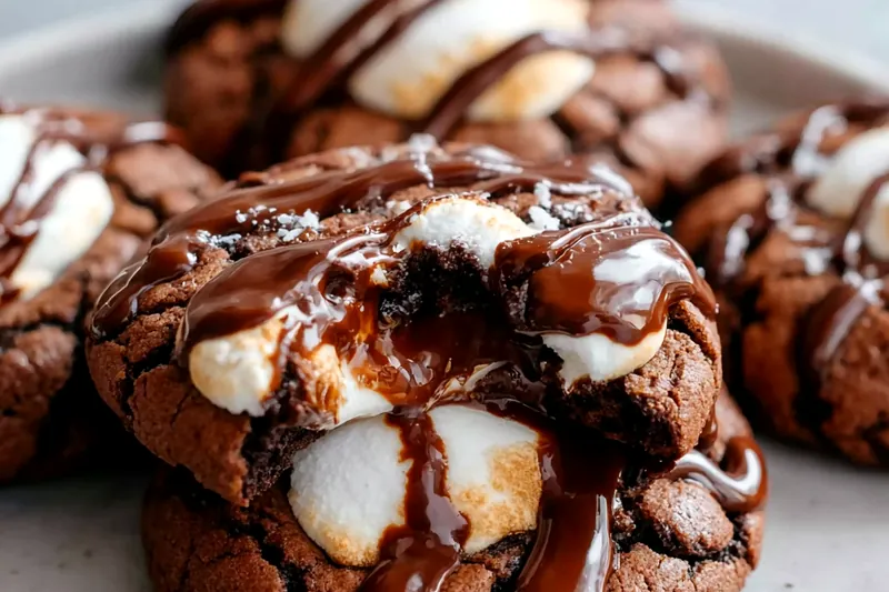Chocolate cookie dough being wrapped around mini marshmallows, showing the technique for creating the surprise center, with finished cookies baking in the oven background