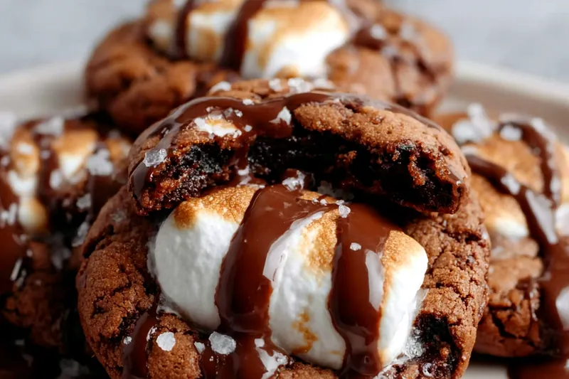 Baking ingredients for marshmallow hot cocoa cookies including cocoa powder, mini marshmallows, chocolate chips, and cookie dough ingredients arranged on a marble countertop