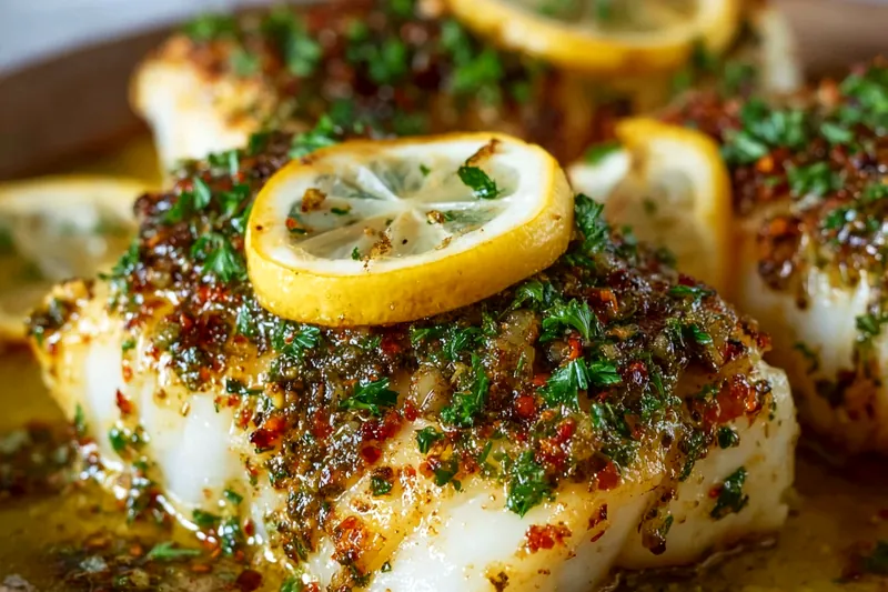 Mediterranean baked cod in the oven with golden cherry tomatoes and herbs, showing the perfect level of doneness and caramelization