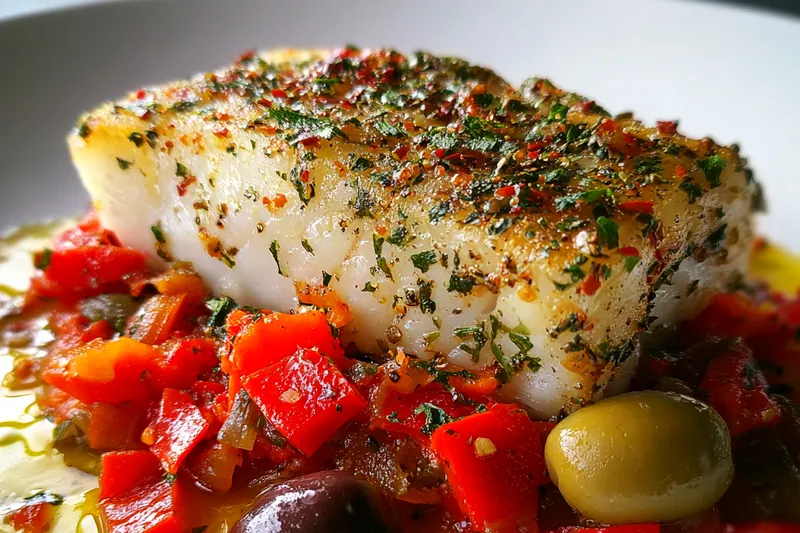 Chef Mitchell placing the baking dish of Easy Mediterranean Baked Cod into the oven.