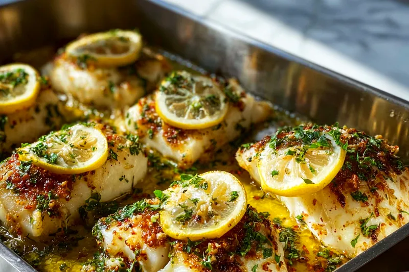 Fresh cod fillets, cherry tomatoes, Kalamata olives, herbs, olive oil, and Mediterranean ingredients arranged on a wooden cutting board