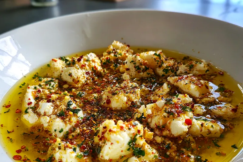 A step-by-step image of making Herbed Feta Dipping Oil, showing the mixing of ingredients in a bowl.
