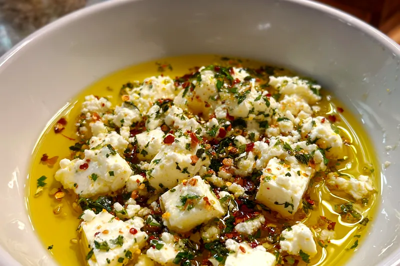 Ingredients for Herbed Feta Dipping Oil displayed on a wooden table including olive oil, feta cheese, herbs, and spices.