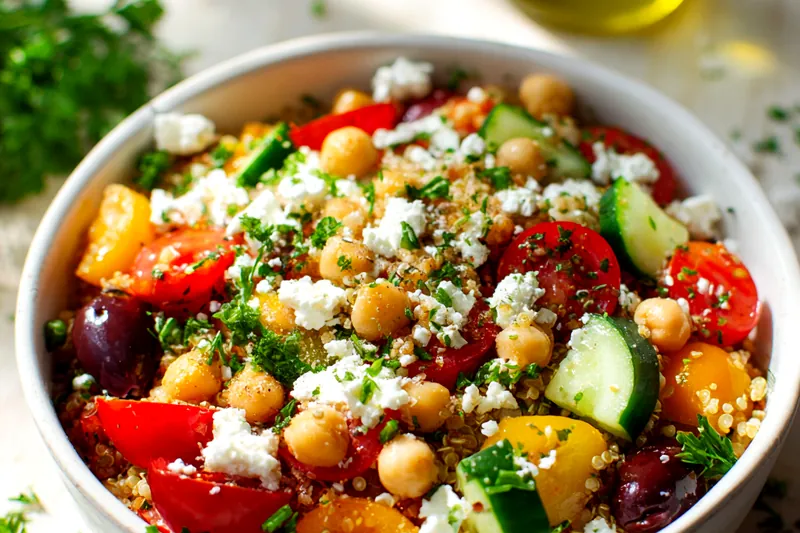 Close-up of Mediterranean quinoa bowl being assembled with quinoa in bowl being topped with colorful vegetables, chickpeas, and feta cheese with dressing being drizzled from small glass container