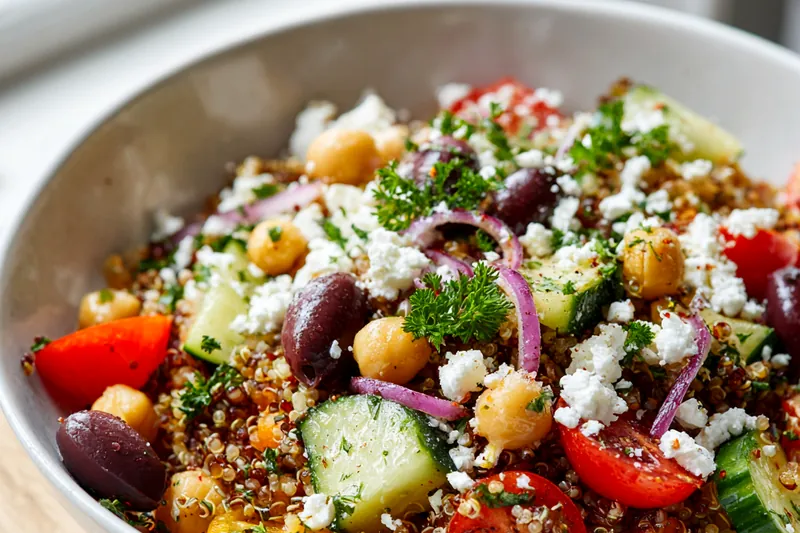 Overhead view of organized Mediterranean quinoa bowl ingredients including tri-color quinoa in glass bowl, chickpeas, colorful bell peppers, cucumber, feta cheese, olives, fresh parsley, olive oil, and lemons arranged on white marble counter