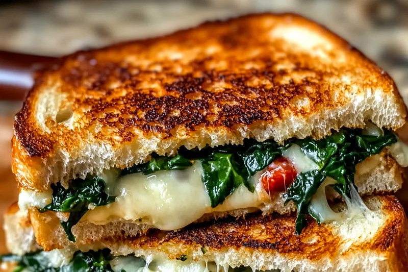 Fresh Mediterranean ingredients including spinach, feta cheese, sun-dried tomatoes, herbs, and sourdough bread arranged on marble surface