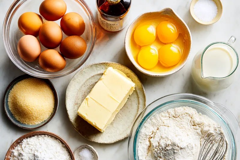 Process shot of golden batter being poured into prepared cake pan, showing the thin, lumpy consistency with visible egg white streaks before baking