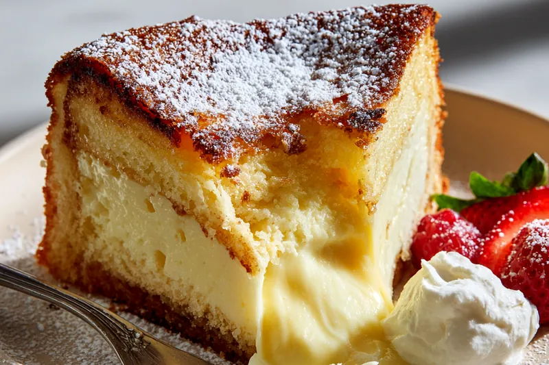 Flat lay of cake ingredients including separated eggs in glass bowls, whole milk in a measuring cup, melted butter, sugar, sifted flour, vanilla extract, and salt arranged on a marble surface