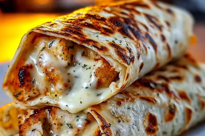 Fresh chicken breasts, garlic cloves, shredded cheeses, tortillas, and colorful vegetables arranged on a cutting board