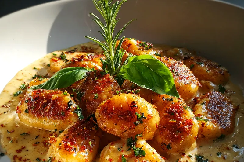 A colorful array of ingredients for Rich and Creamy Gnocchi Delight including gnocchi, cream, cheese, and spices.