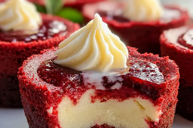 Mini red velvet cheesecakes baking in a muffin tin, showing perfect golden edges and slightly jiggly centers, with beautiful red color