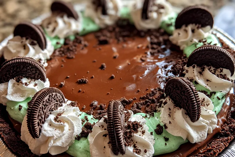 Cooking process of preparing Mint Oreo Chocolate Delight, showing layers being assembled in a baking dish.