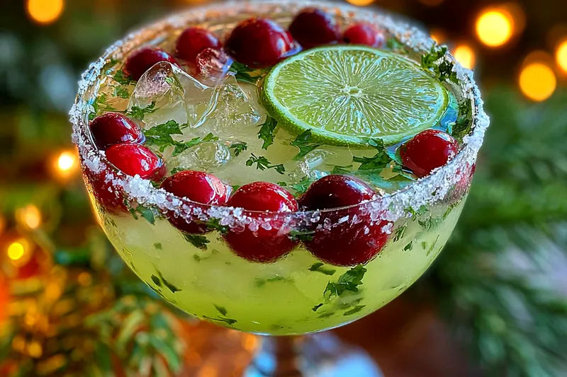 Step-by-step preparation of Festive Mistletoe Margarita with ingredients displayed.