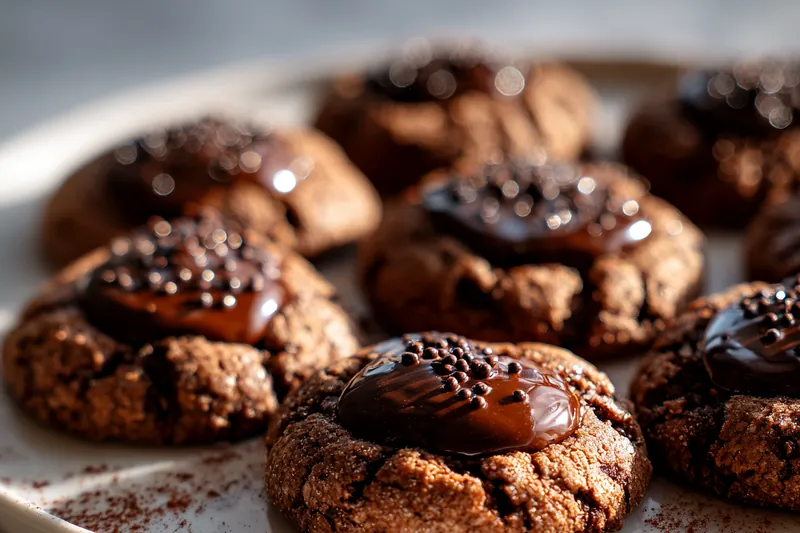 Overhead view of baking ingredients arranged on a marble counter: softened butter, brown sugar, white sugar, cocoa powder, chocolate chips, eggs, vanilla extract, flour, and small bowls of salt and espresso powder with measuring spoons
