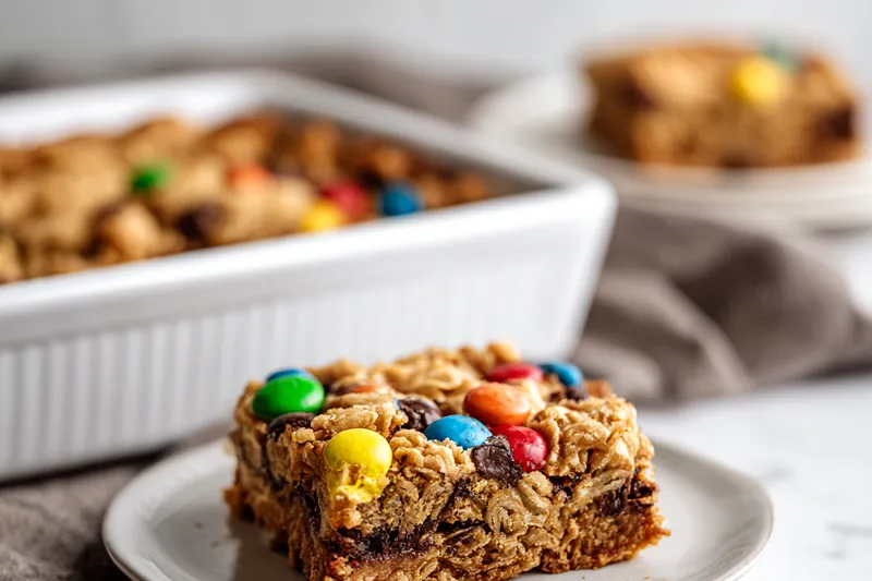 Monster cookie bar dough pressed into a parchment-lined baking pan, showing the loaded texture with visible oats, chocolate chips, and M&Ms