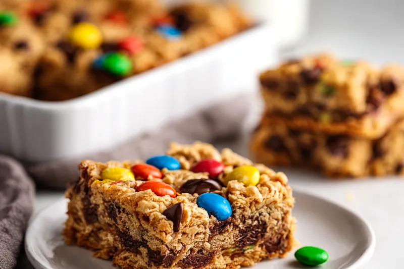 Ingredients for monster cookie bars including peanut butter, oats, chocolate chips, M&Ms, and baking ingredients arranged on a marble counter