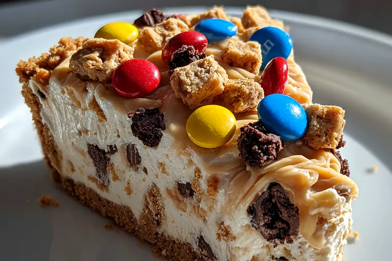 The baking process of Monster Cookie Cheesecake Delight in the oven, showcasing the rise and golden-brown cookie dough topping.