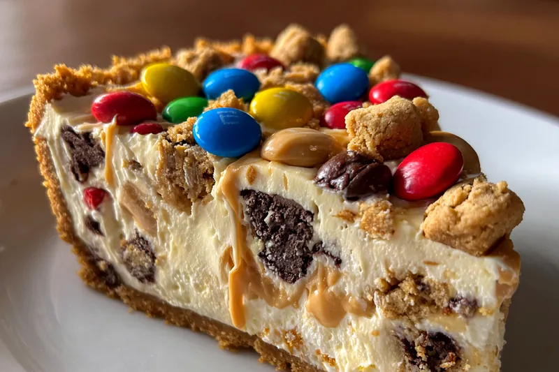 A colorful arrangement of ingredients for Monster Cookie Cheesecake Delight including cream cheese, chocolate chips, and cookie dough.