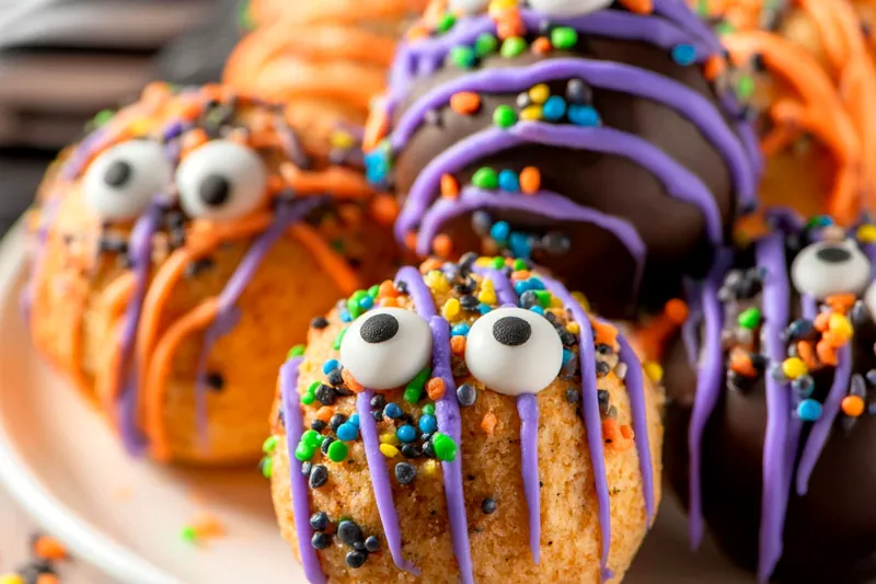 Hands dipping chocolate truffles into colorful melted candy coating with various monster decorating supplies arranged nearby