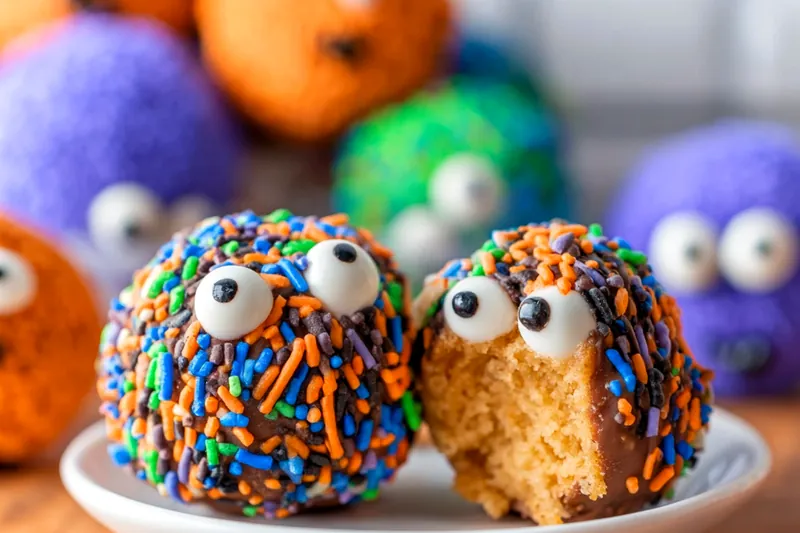 Ingredients for monster truffles including dark chocolate, cream, colorful candy melts, marshmallows, and various decorating supplies arranged on a countertop