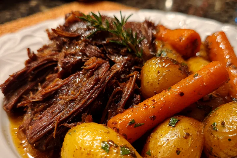 Pot roast cooking slowly in a slow cooker