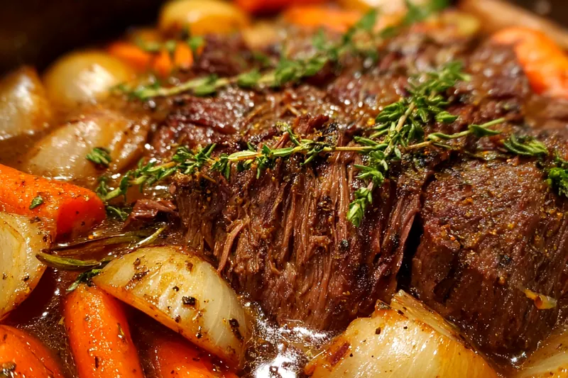 Fresh ingredients for pot roast including vegetables and beef