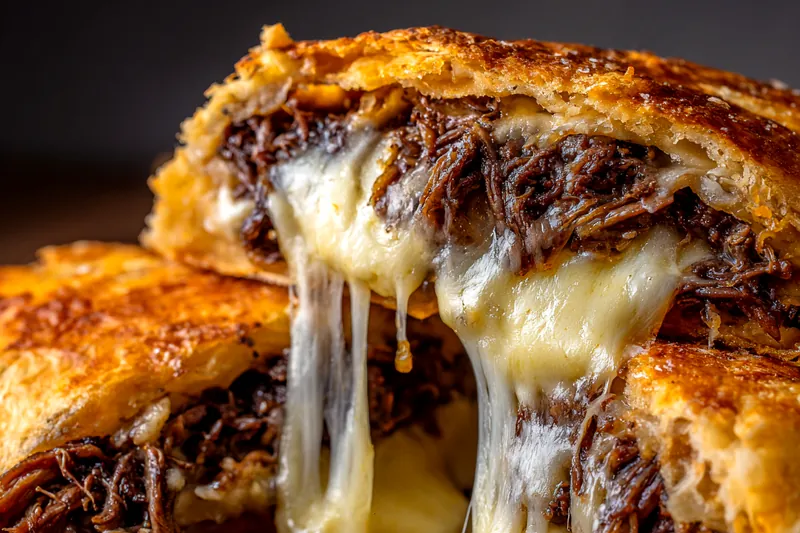 Fresh ingredients for cheese steak stromboli including sliced ribeye, mozzarella cheese, bell peppers, onions, mushrooms and pizza dough on a marble counter