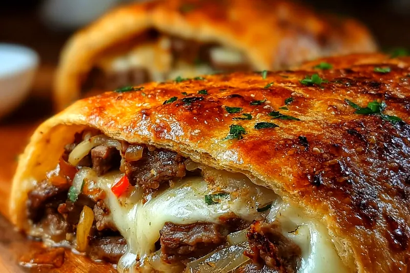 Mozzarella cheesesteak stromboli being assembled with filling spread on rolled pizza dough before folding and sealing